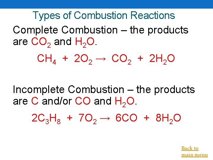 Types of Combustion Reactions Complete Combustion – the products are CO 2 and H