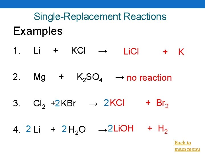 Single-Replacement Reactions Examples 1. Li 2. Mg 3. Cl 2 +2 KBr 4. 2