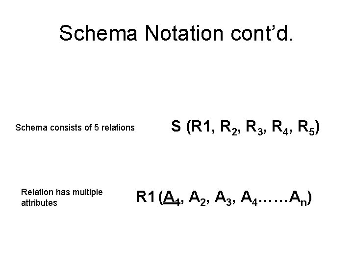 Schema Notation cont’d. Schema consists of 5 relations Relation has multiple attributes S (R