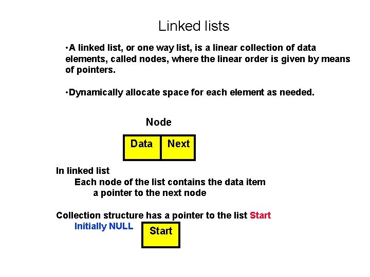 Linked lists • A linked list, or one way list, is a linear collection Linked lists • A linked list, or one way list, is a linear collection