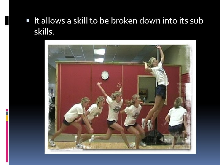 It allows a skill to be broken down into its sub skills. It allows a skill to be broken down into its sub skills.