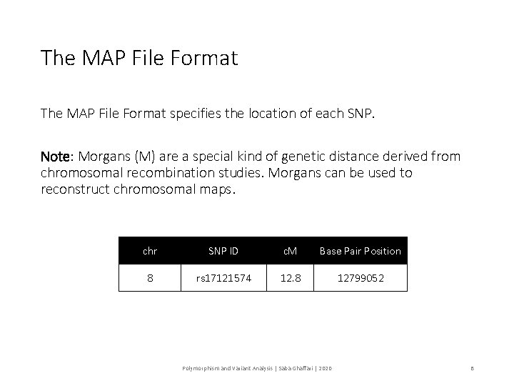 The MAP File Format specifies the location of each SNP. Note: Morgans (M) are