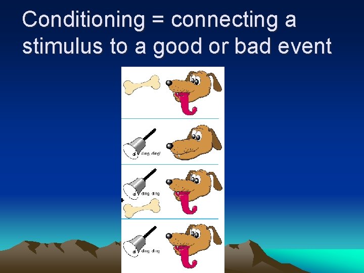 Conditioning = connecting a stimulus to a good or bad event 