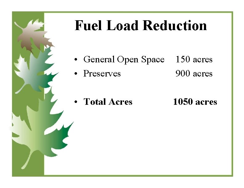 Fuel Load Reduction • General Open Space • Preserves 150 acres 900 acres •