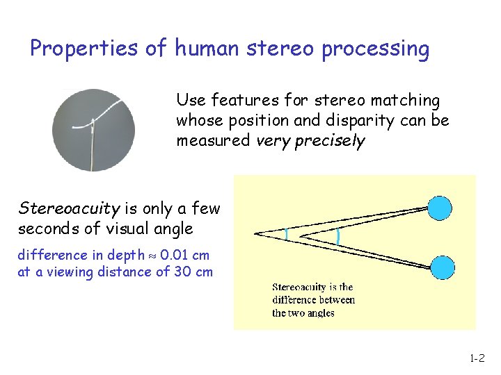 Properties of human stereo processing Use features for stereo matching whose position and disparity