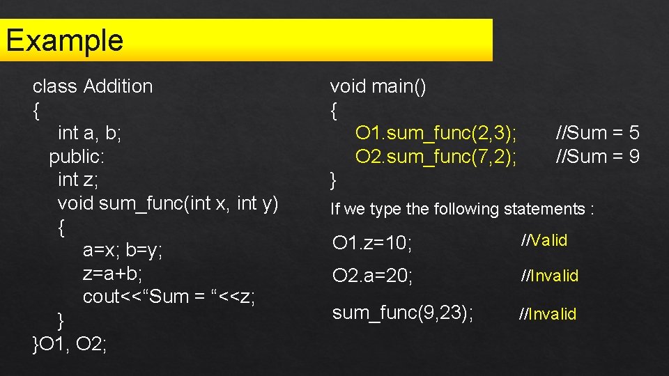 Example class Addition { int a, b; public: int z; void sum_func(int x, int