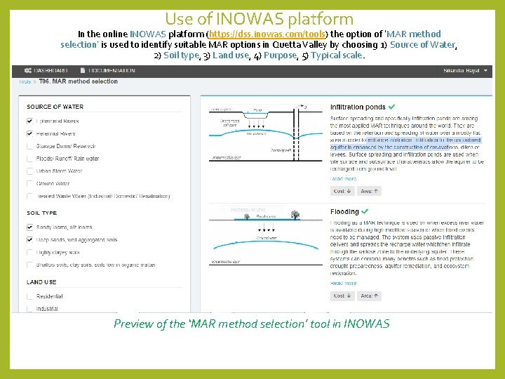 Use of INOWAS platform In the online INOWAS platform (https: //dss. inowas. com/tools) the
