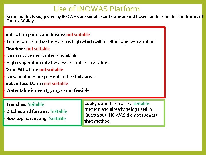 Use of INOWAS Platform • Some methods suggested by INOWAS are suitable and some