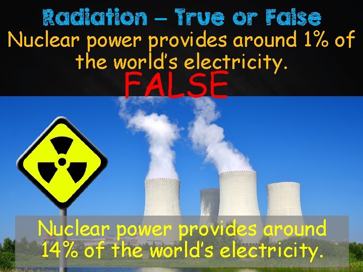 Radiation – True or False Nuclear power provides around 1% of the world’s electricity.