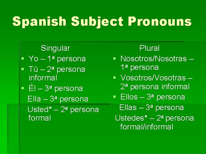 Spanish Subject Pronouns § § § Singular Yo – 1 a persona Tú –