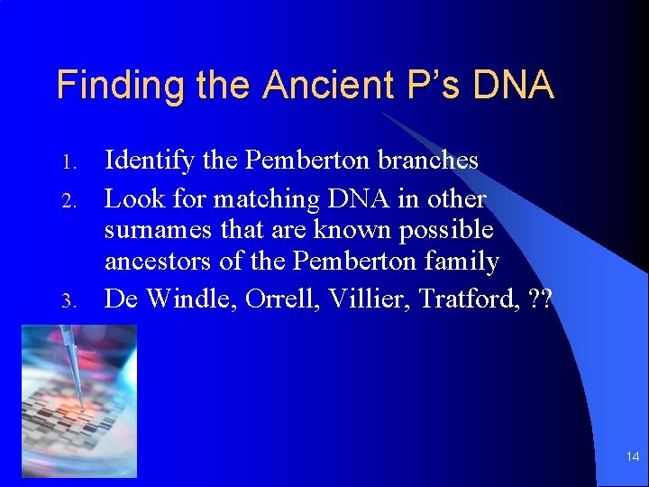 Finding the Ancient P’s DNA 1. 2. 3. Identify the Pemberton branches Look for