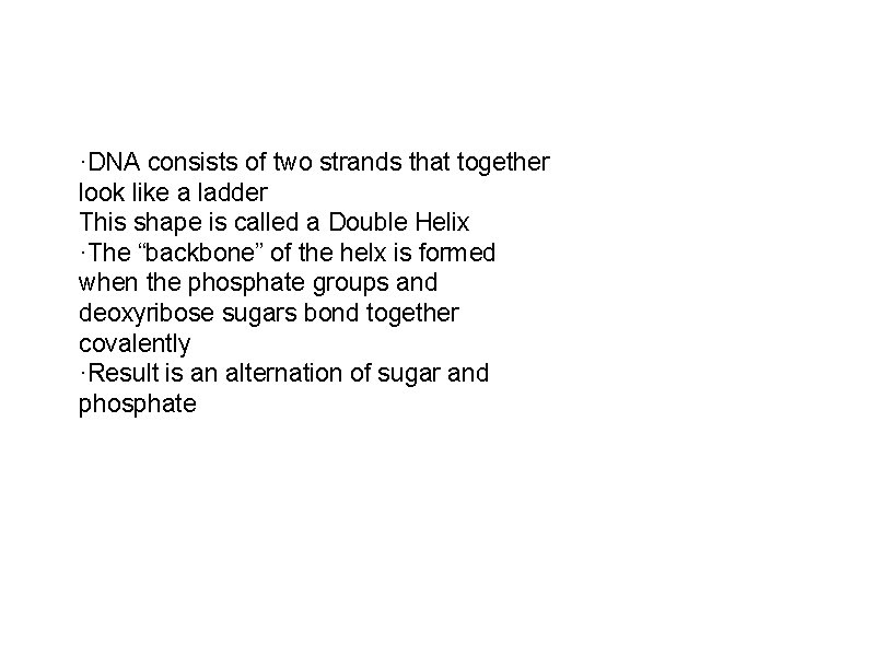·DNA consists of two strands that together look like a ladder This shape is