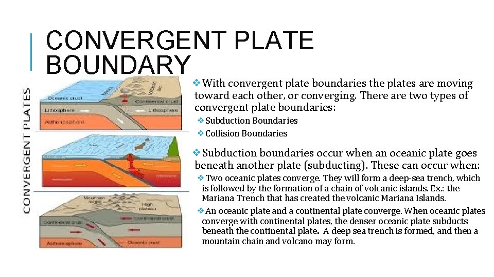 CONVERGENT PLATE BOUNDARY❖With convergent plate boundaries the plates are moving toward each other, or