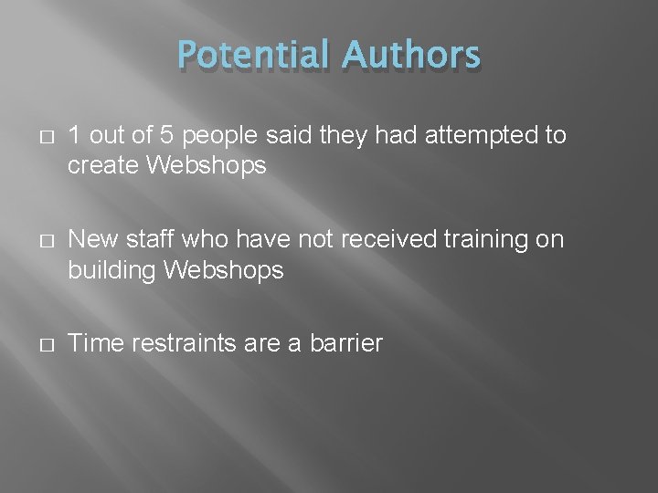 Potential Authors � 1 out of 5 people said they had attempted to create