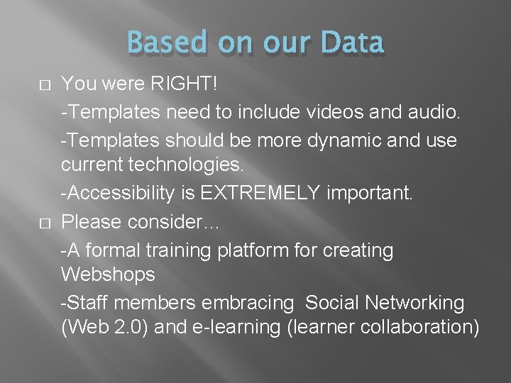 Based on our Data � � You were RIGHT! -Templates need to include videos