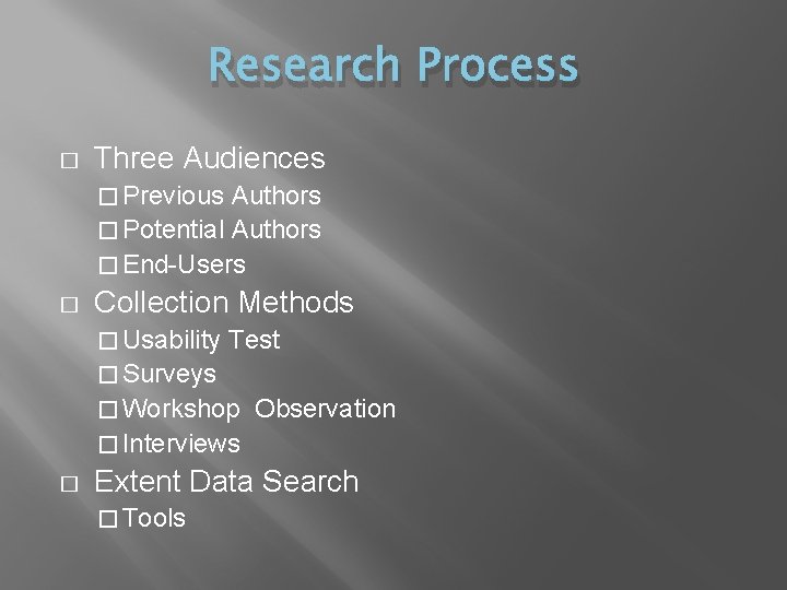 Research Process � Three Audiences � Previous Authors � Potential Authors � End-Users �