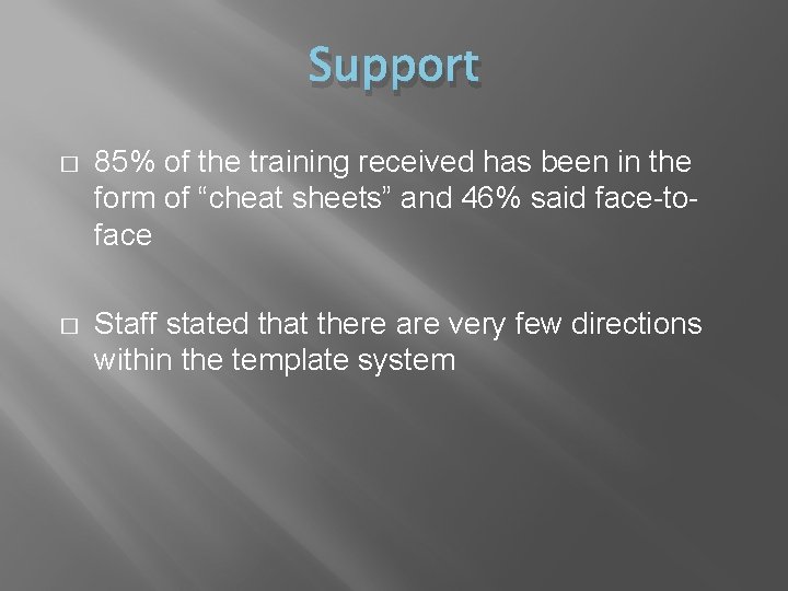 Support � 85% of the training received has been in the form of “cheat