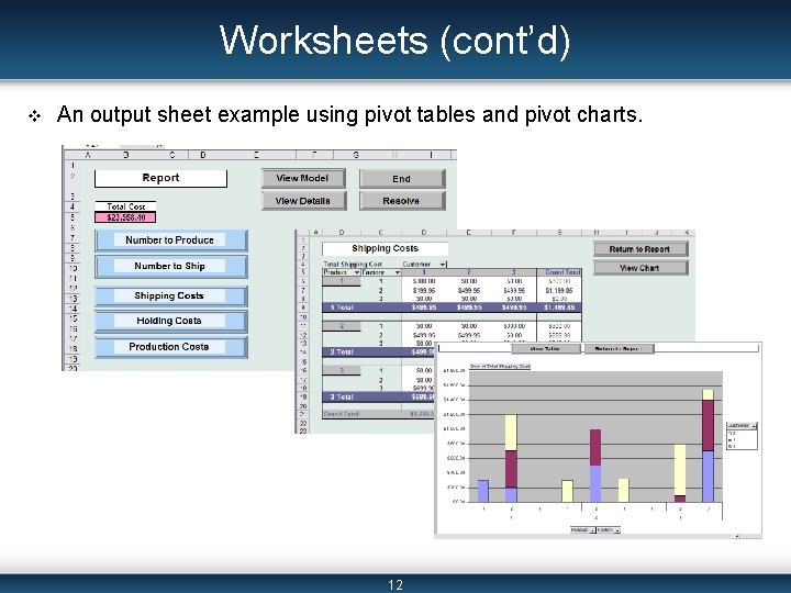 Worksheets (cont’d) v An output sheet example using pivot tables and pivot charts. 12