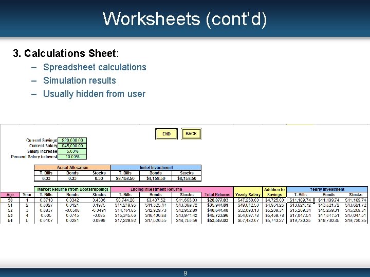 Worksheets (cont’d) 3. Calculations Sheet: – Spreadsheet calculations – Simulation results – Usually hidden