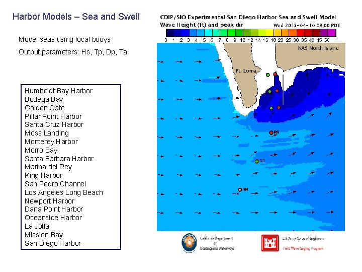 Harbor Models – Sea and Swell Model seas using local buoys Output parameters: Hs,