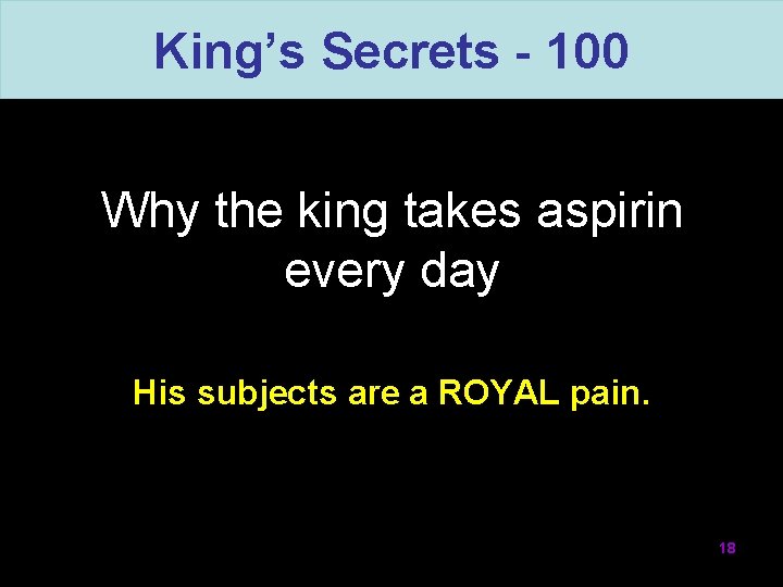 King’s Secrets - 100 Why the king takes aspirin every day His subjects are