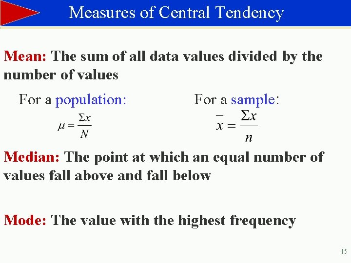 Measures of Central Tendency Mean: The sum of all data values divided by the