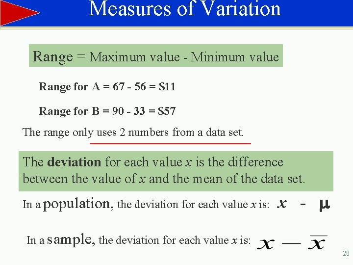 Measures of Variation Range = Maximum value - Minimum value Range for A =