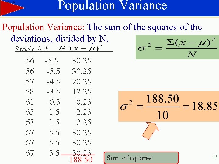 Population Variance: The sum of the squares of the deviations, divided by N. Stock