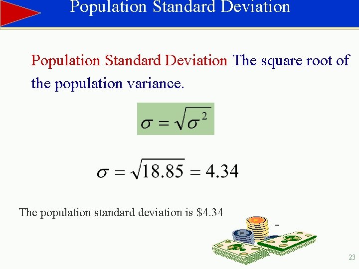 Population Standard Deviation The square root of the population variance. The population standard deviation