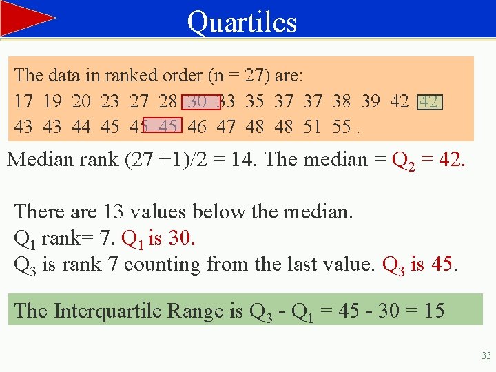 Quartiles The data in ranked order (n = 27) are: 17 19 20 23