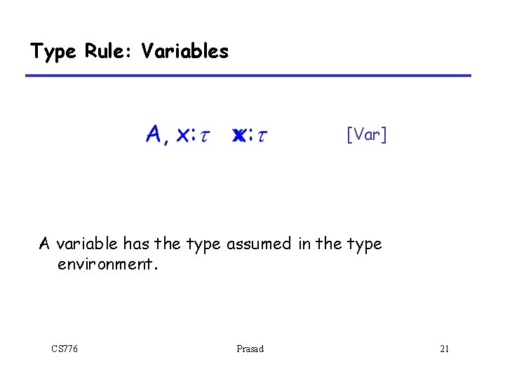 Type Rule: Variables [Var] A variable has the type assumed in the type environment.
