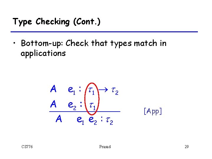 Type Checking (Cont. ) • Bottom-up: Check that types match in applications [App] CS