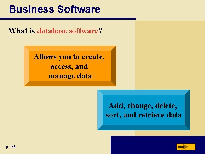 Business Software What is database software? Allows you to create, access, and manage data