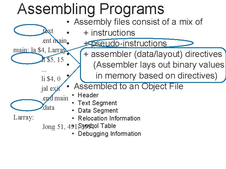 Assembling Programs • Assembly files consist of a mix of. text • + instructions.