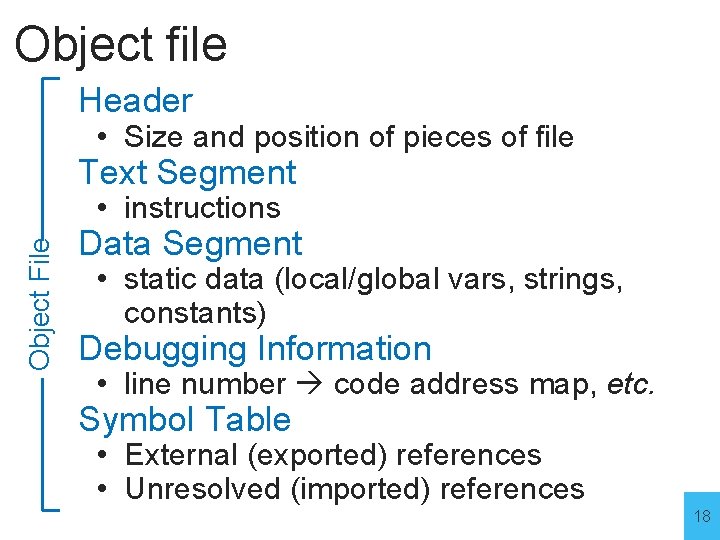 Object file Header • Size and position of pieces of file Text Segment Object