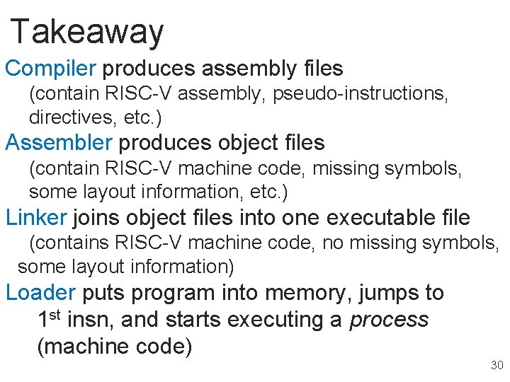 Takeaway Compiler produces assembly files (contain RISC-V assembly, pseudo-instructions, directives, etc. ) Assembler produces