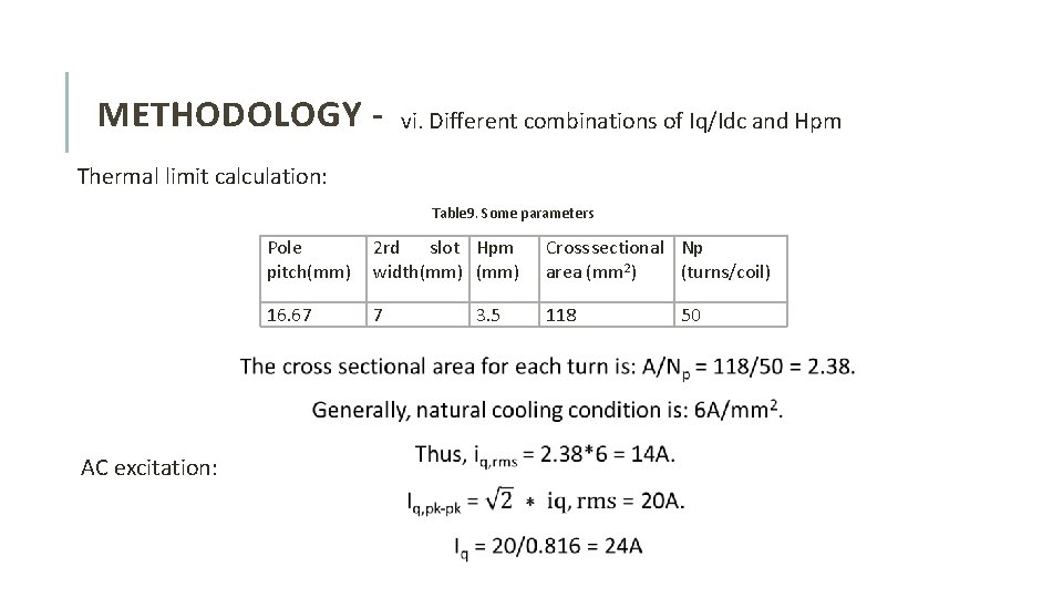 METHODOLOGY - vi. Different combinations of Iq/Idc and Hpm Thermal limit calculation: Table 9.