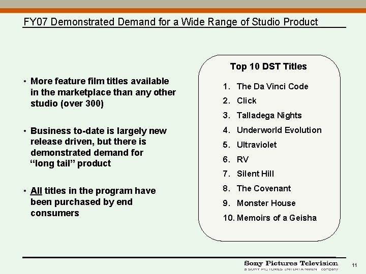 FY 07 Demonstrated Demand for a Wide Range of Studio Product Top 10 DST