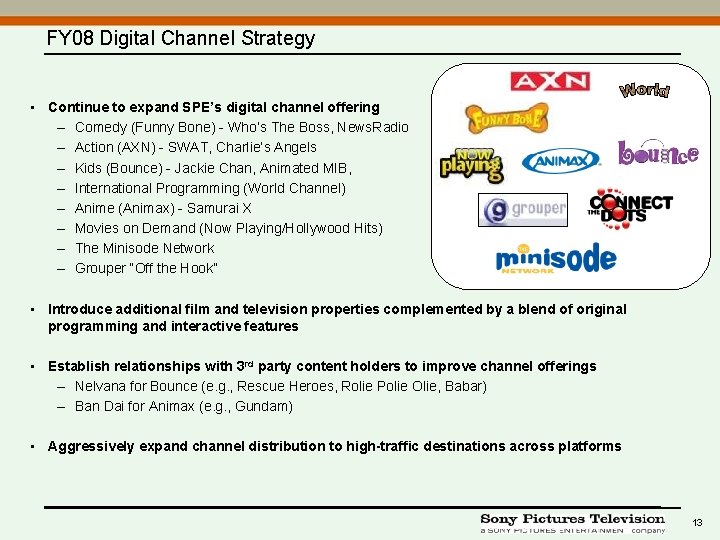 FY 08 Digital Channel Strategy • Continue to expand SPE’s digital channel offering –