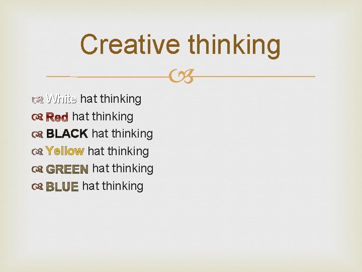Creative thinking White hat thinking BLACK hat thinking Yellow hat thinking  Creative thinking White hat thinking BLACK hat thinking Yellow hat thinking