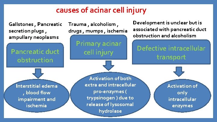 causes of acinar cell injury Gallstones , Pancreatic secretion plugs , ampullary neoplasms Pancreatic