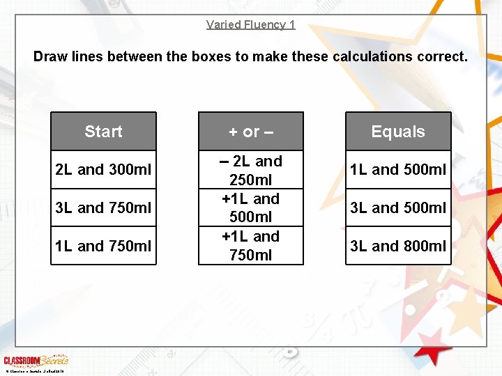 Varied Fluency 1 Draw lines between the boxes to make these calculations correct. Start
