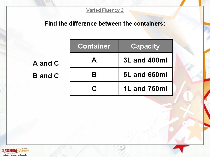 Varied Fluency 3 Find the difference between the containers: © Classroom Secrets Limited 2018