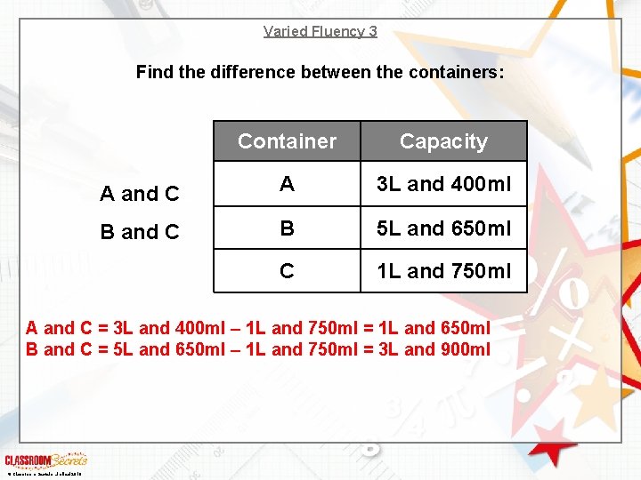 Varied Fluency 3 Find the difference between the containers: Container Capacity A and C