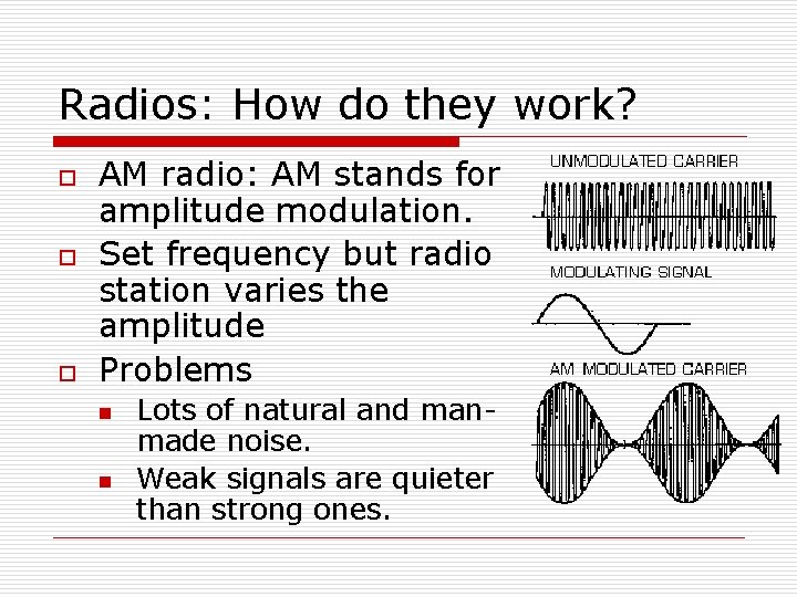 Radios: How do they work? o o o AM radio: AM stands for amplitude