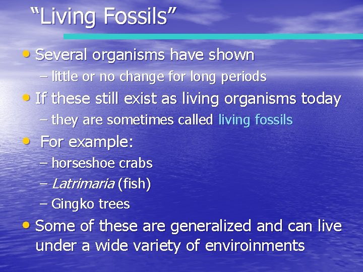 “Living Fossils” • Several organisms have shown – little or no change for long