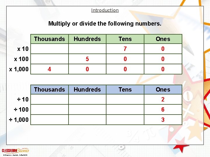 Introduction Multiply or divide the following numbers. Thousands Hundreds Tens Ones 7 0 5