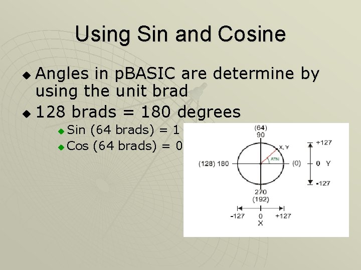 Using Sin and Cosine Angles in p. BASIC are determine by using the unit