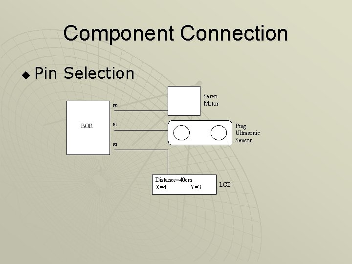 Component Connection u Pin Selection Servo Motor P 0 BOE P 1 Ping Ultrasonic