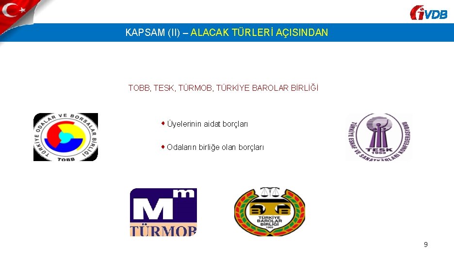 VDB KAPSAM (II) – ALACAK TÜRLERİ AÇISINDAN TOBB, TESK, TÜRMOB, TÜRKİYE BAROLAR BİRLİĞİ Üyelerinin